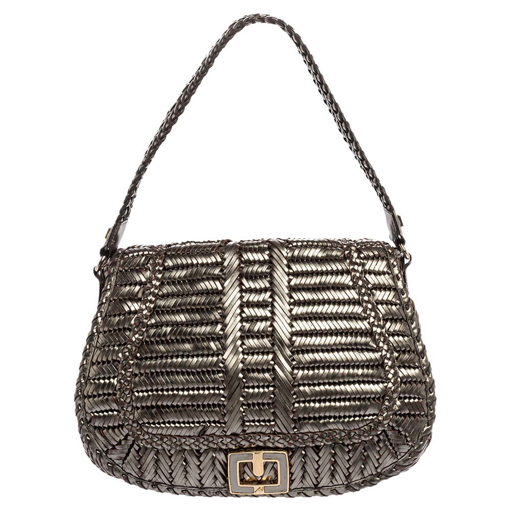 Anya Hindmarch Metallic Grey Woven Leather Flap Hobo
